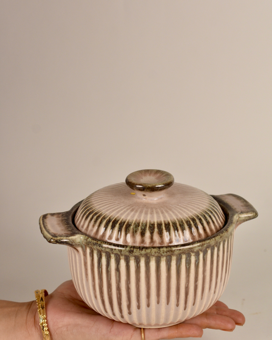 Small Glazed Casserole With Striped Decoration